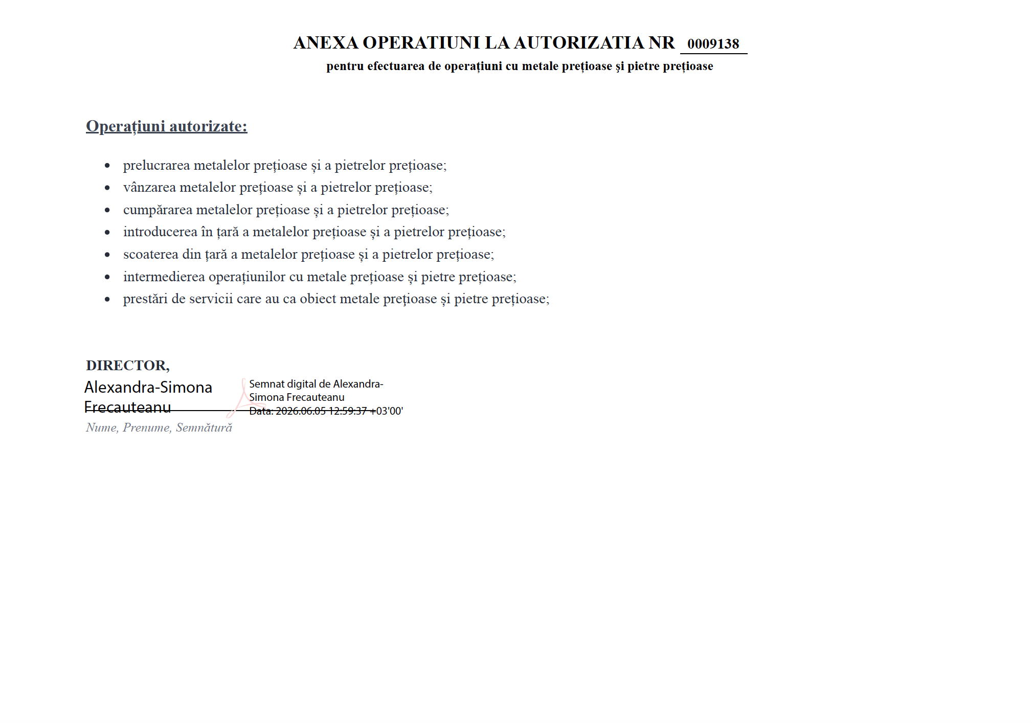 Anexa Autorizației ANPC nr. 0009138 STONEMANIA BIJOU SRL - operațiuni autorizate