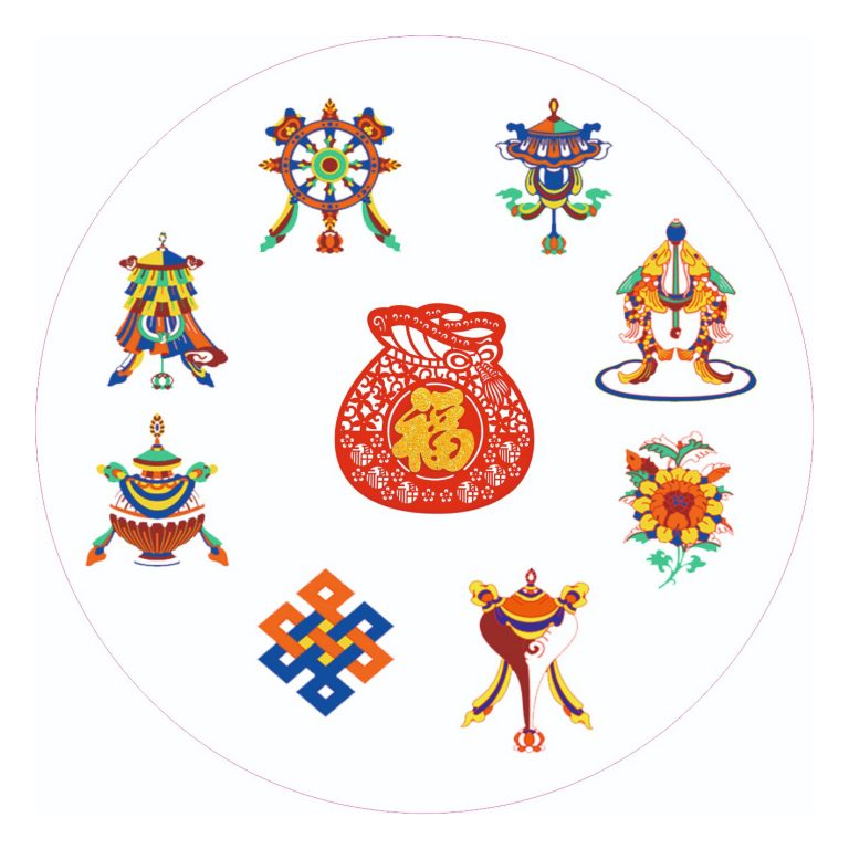 Abtibild sticker feng shui cu cele 8 simboluri tibetane si sacul abundentei - 11cm