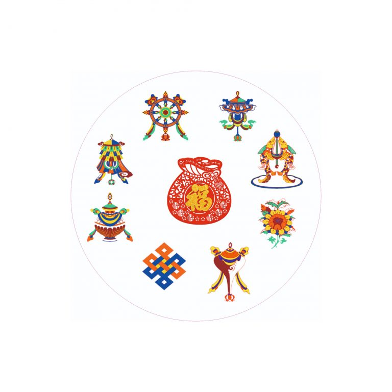 Abtibild sticker feng shui cu cele 8 simboluri tibetane si sacul abundentei - 5cm