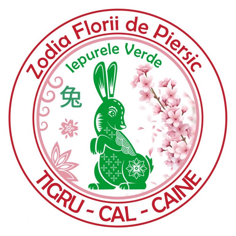 Abtibild sticker feng shui cu iepure verde si floare de piersic - 11cm