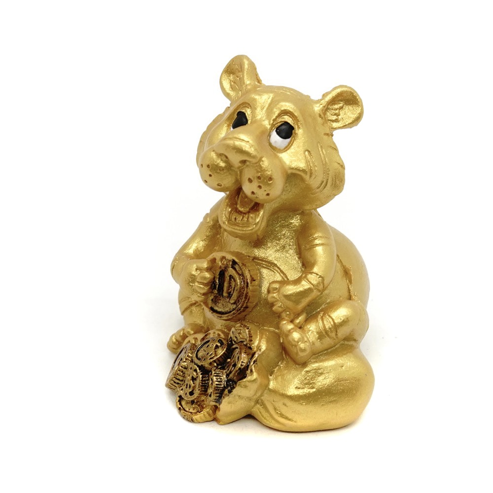 Statueta feng shui tigru auriu cu monede - 5cm