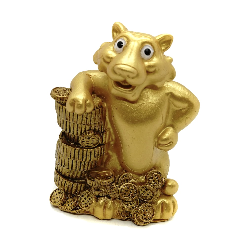 Statueta feng shui tigru auriu cu monede - 9cm