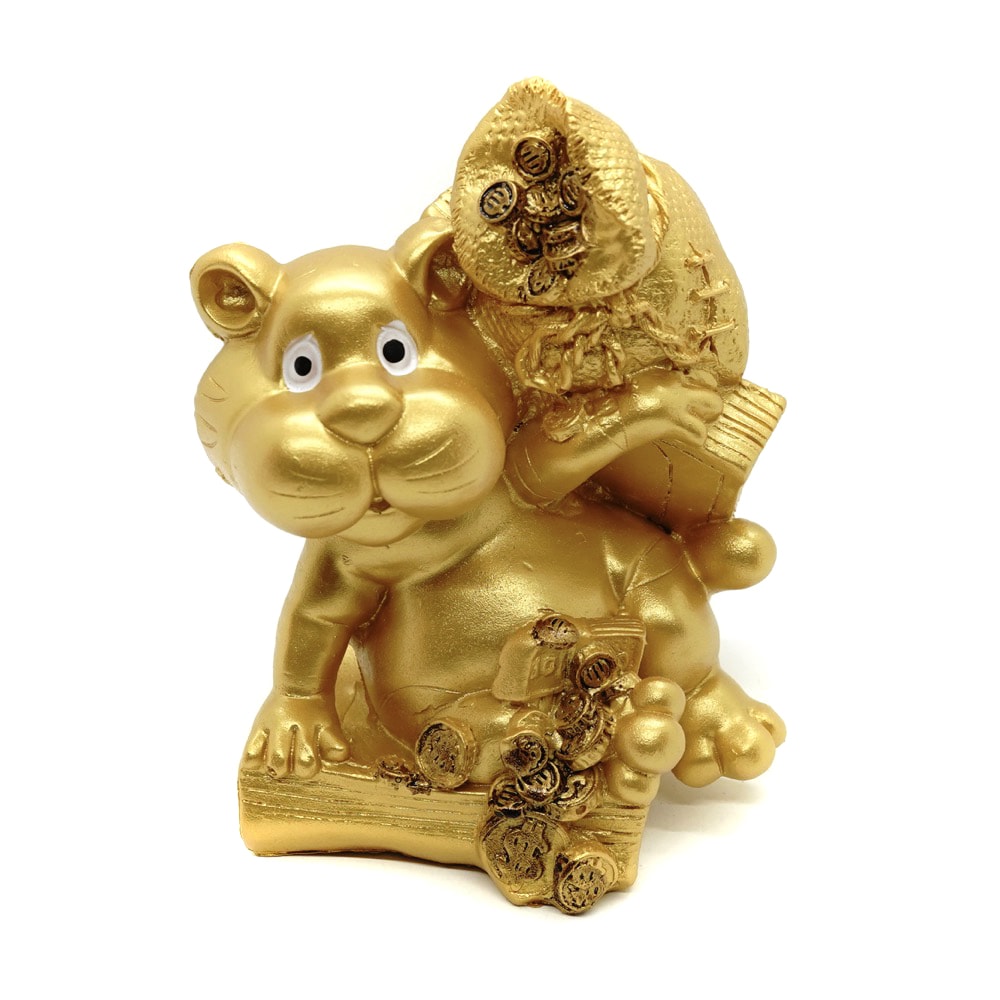 Statueta feng shui tigru auriu cu sac de bani pusculita - 11cm