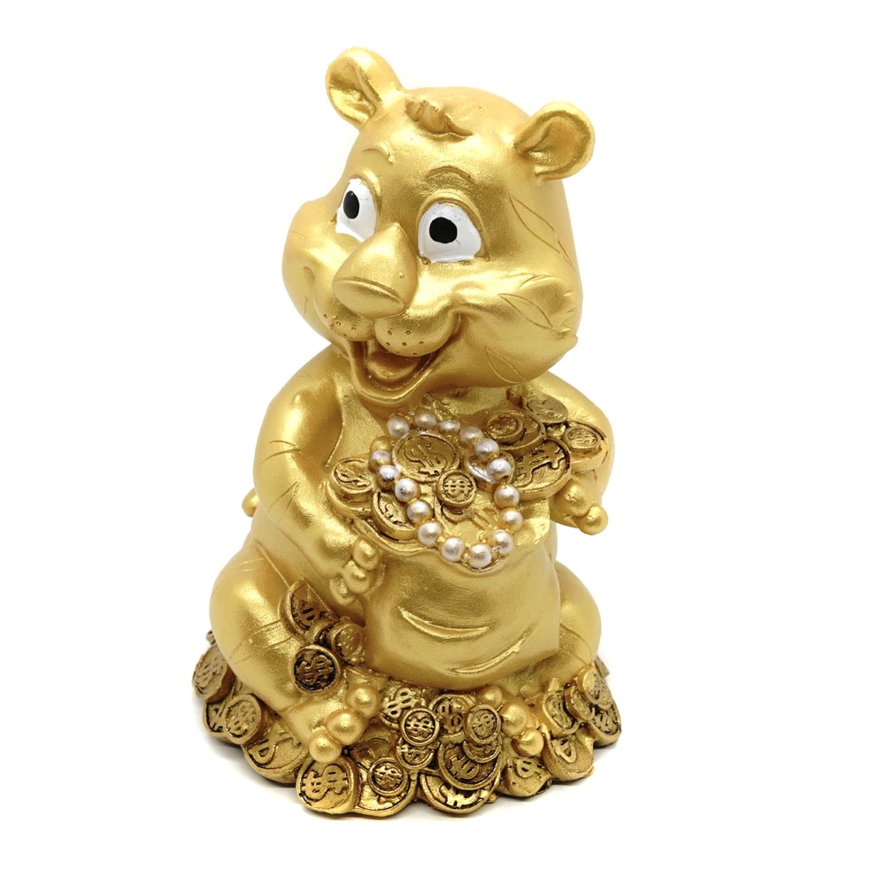 Statueta feng shui tigru auriu cu sacul prosperitatii pusculita - 12cm