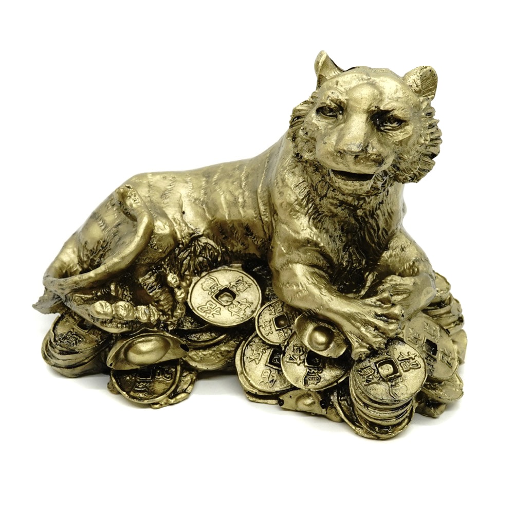 Statueta feng shui tigru cu monede si pepite - 14cm