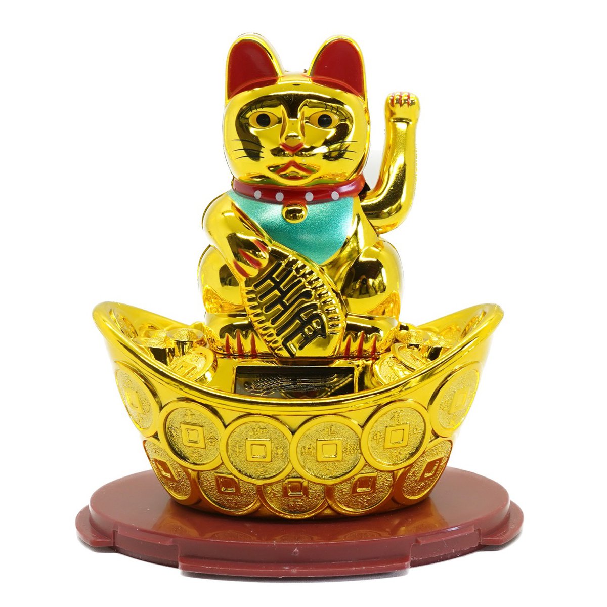 Pisica norocoasa maneki neko solara aurie pe pepita cu monede - 11cm