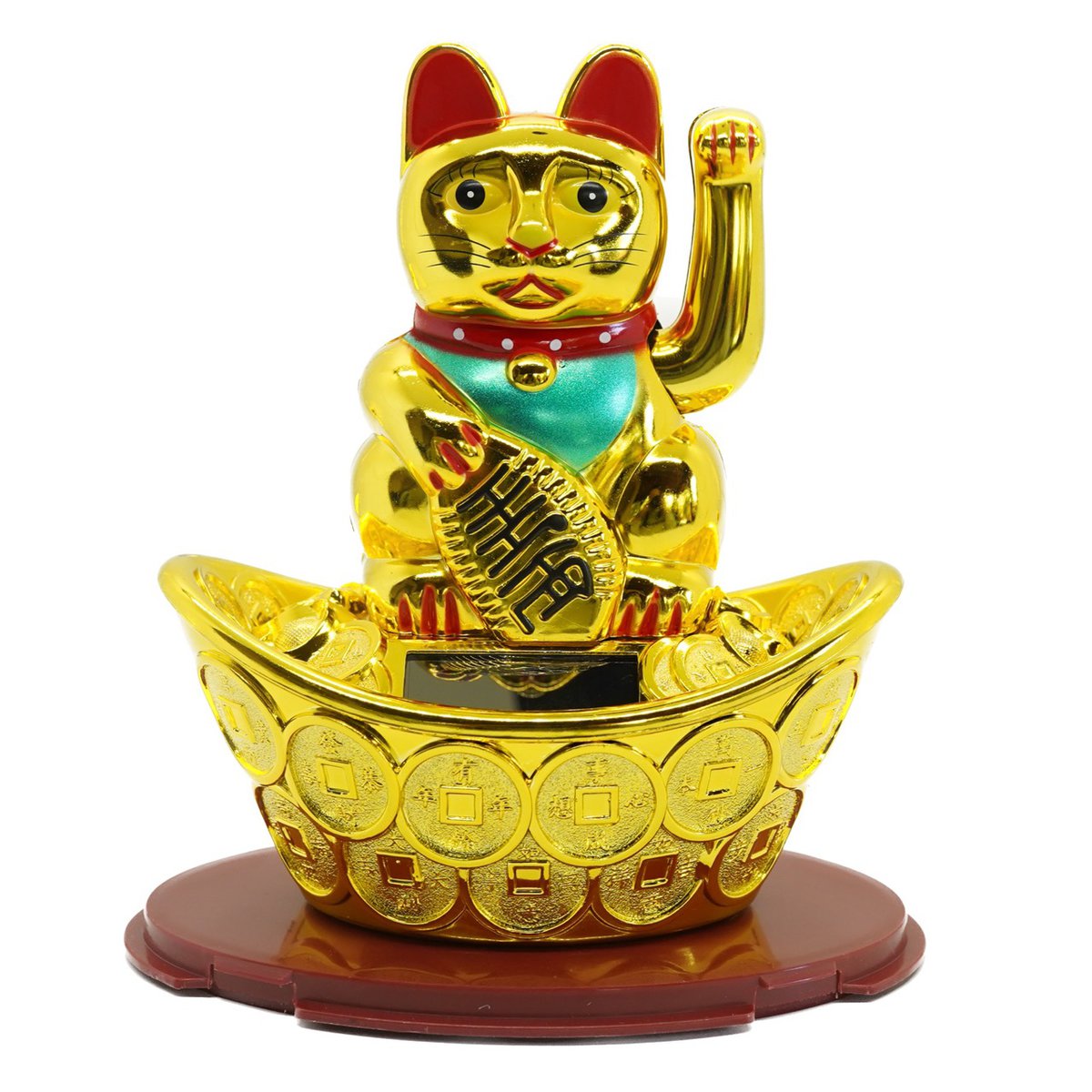 Pisica norocoasa maneki neko solara aurie pe pepita cu monede - 14cm