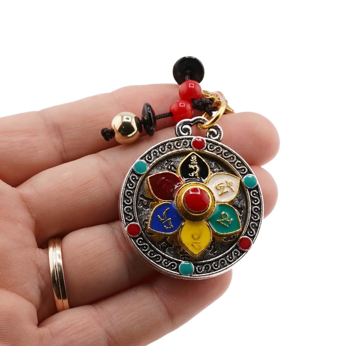 Amuleta feng shui om mani padme hum si dublu dorje cu agate - argintie 10cm