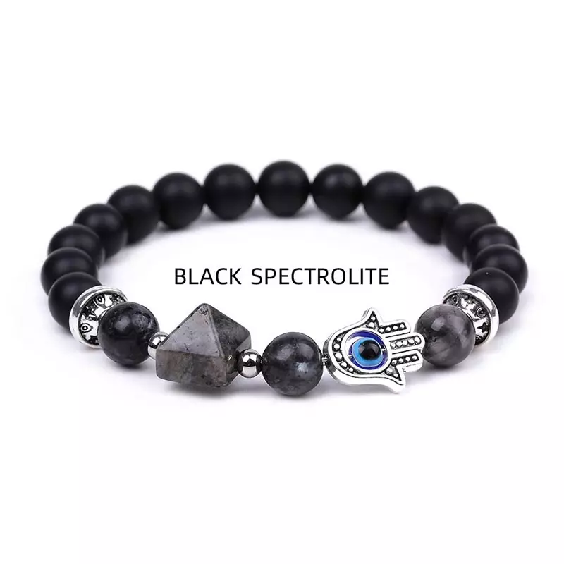 Bratara feng shui pe elastic cu hamsa si ochi protector onix negru mat si piramida din labradorit 19cm