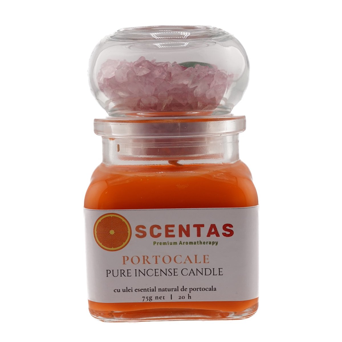 Lumanare din ceara de soia scentas cu cristale naturale cuart roz si aventurin portocale 75g