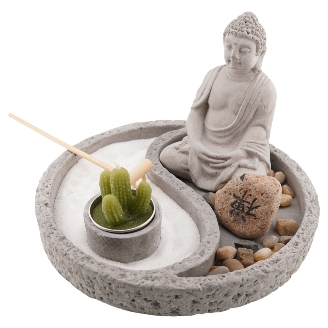 Decoratiune gradina zen in miniatura suport cu buddha lumanare si accesorii