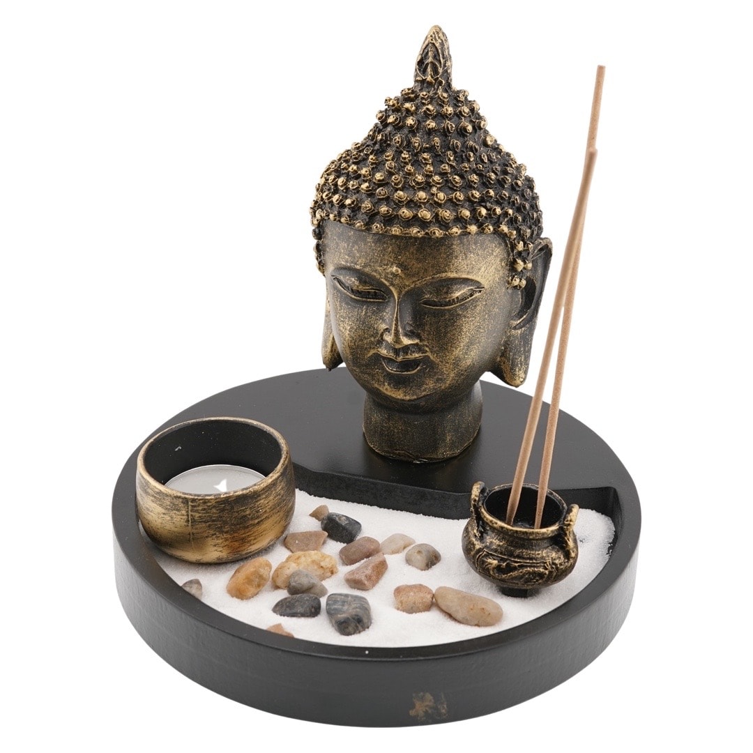 Decoratiune gradina zen in miniatura suport rotund si capul lui buddha lumanare betisoare parfumate si accesorii