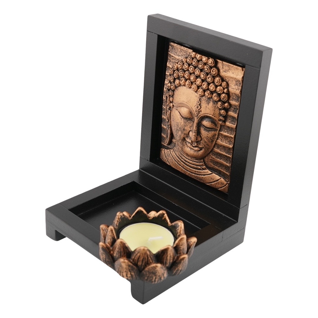 Decoratiune suport ardere lumanari parfumate cu floare de lotus si chipul lui buddha cupru