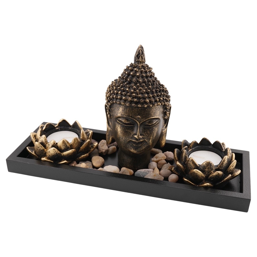 Decoratiune suport lumanare parfumata cu lotusi capul lui buddha si accesorii