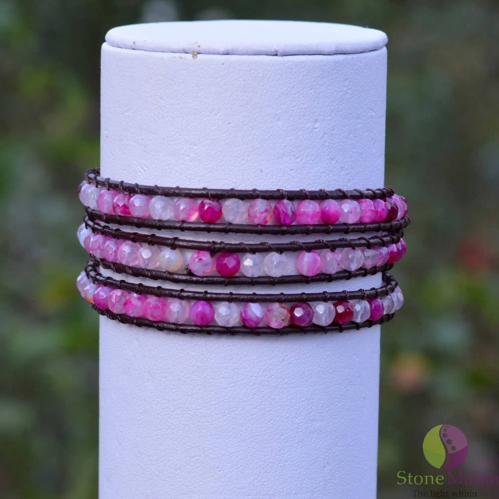 Bratara wrap 3x cu agat roz fatetat - pe STONEMANIA.RO