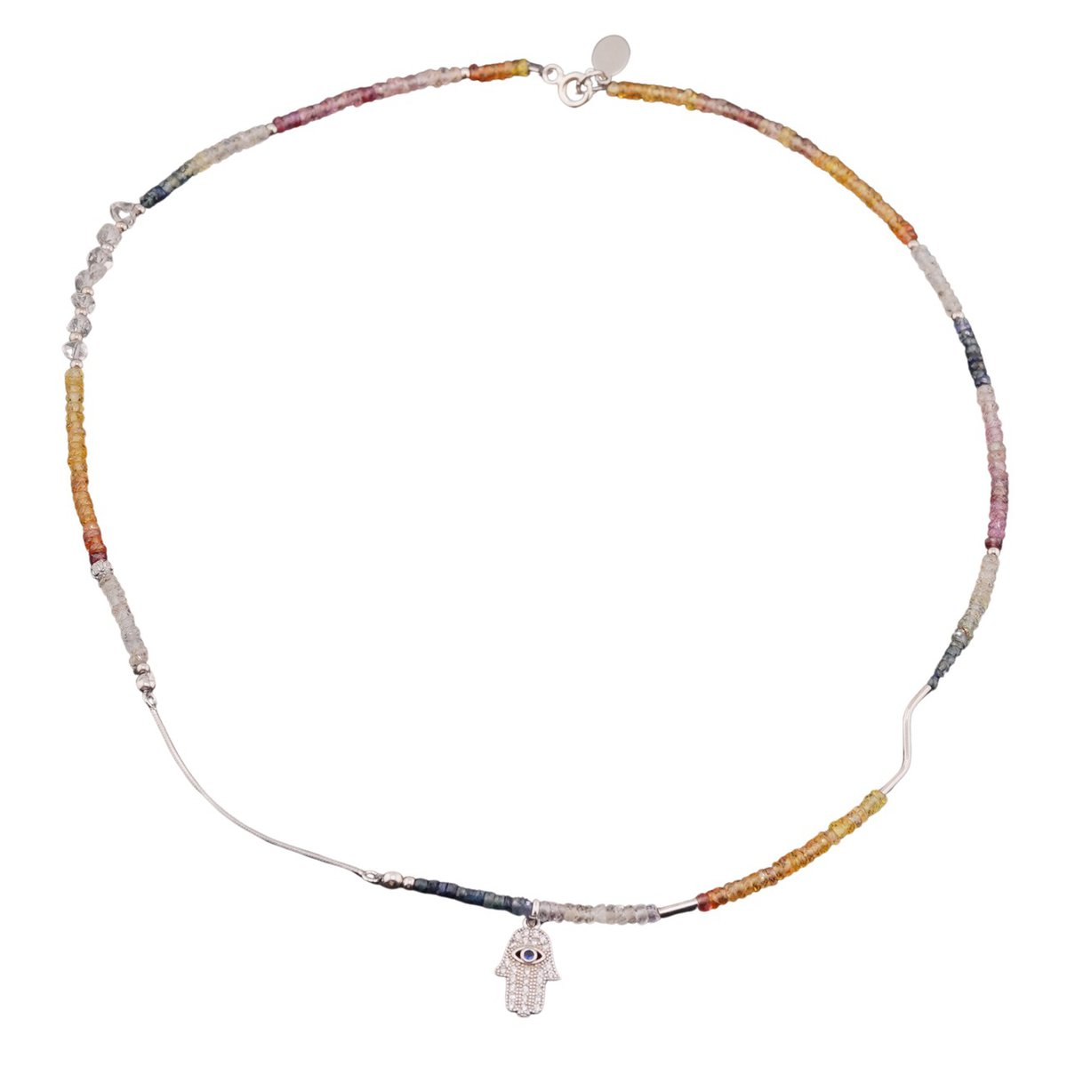 Colier cu discuri de safir multicolor diamant herkier si pandantiv hamsa argint 925