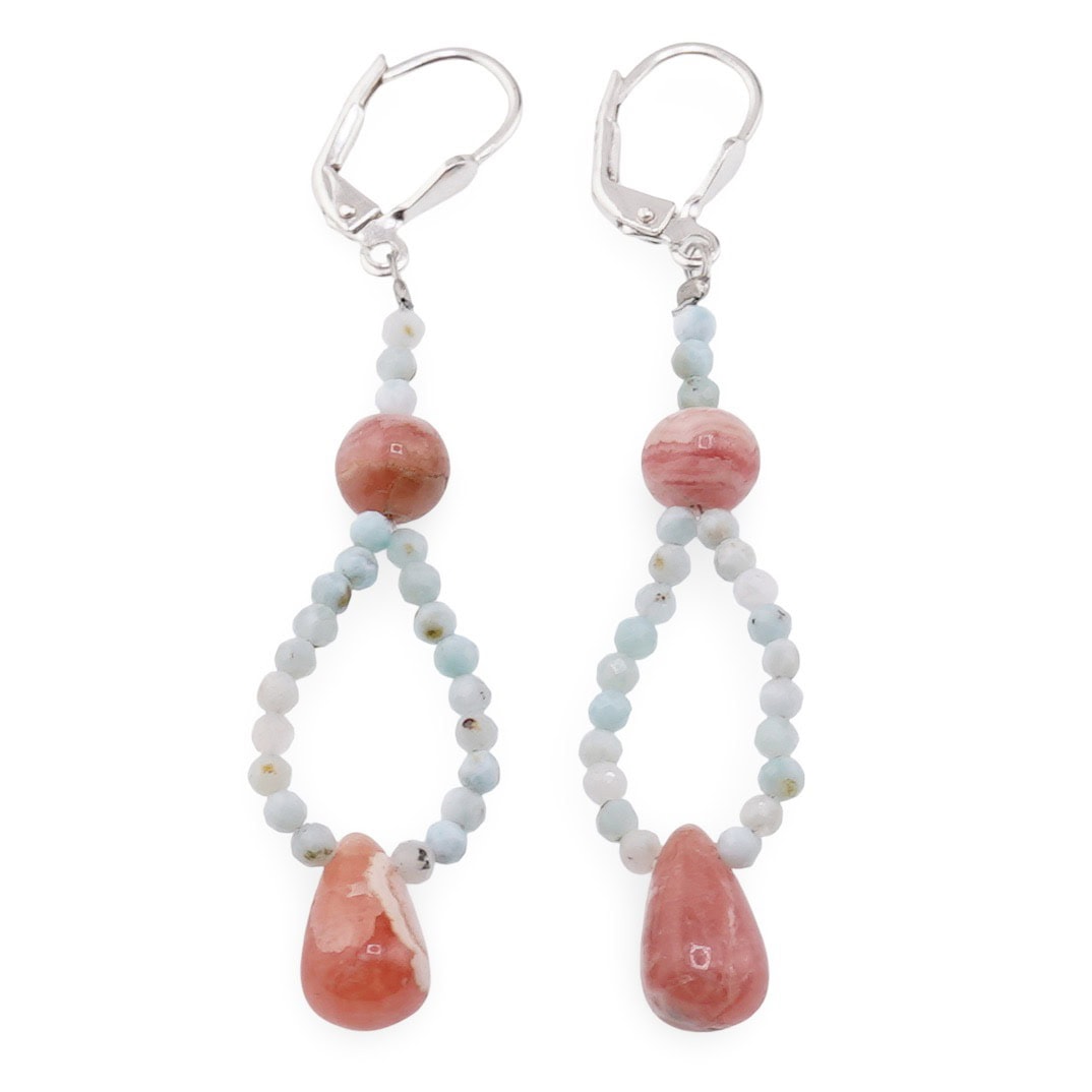 Cercei cu agatatoare rodocrozit sfere 6mm si briolete 12mm larimar sfere microfatetate 2mm cu argint 925