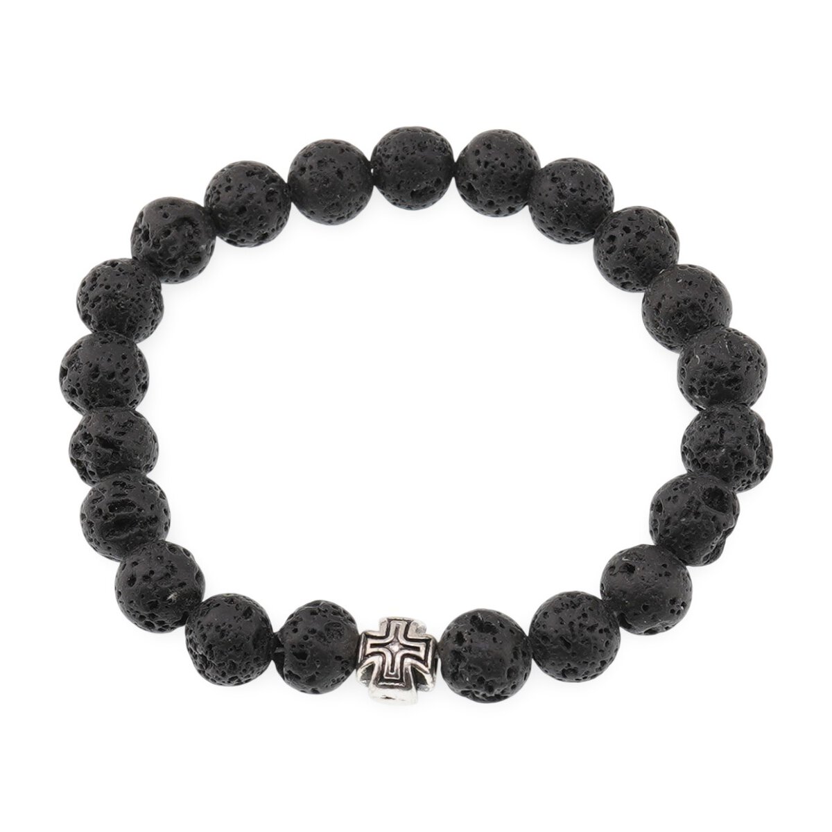Bratara pe elastic roca vulcanica sfere 8mm si cruce argintie