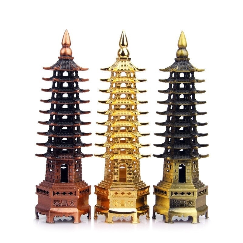 Set 3 statuete feng shui pagoda cu 9 niveluri din metal - 13cm