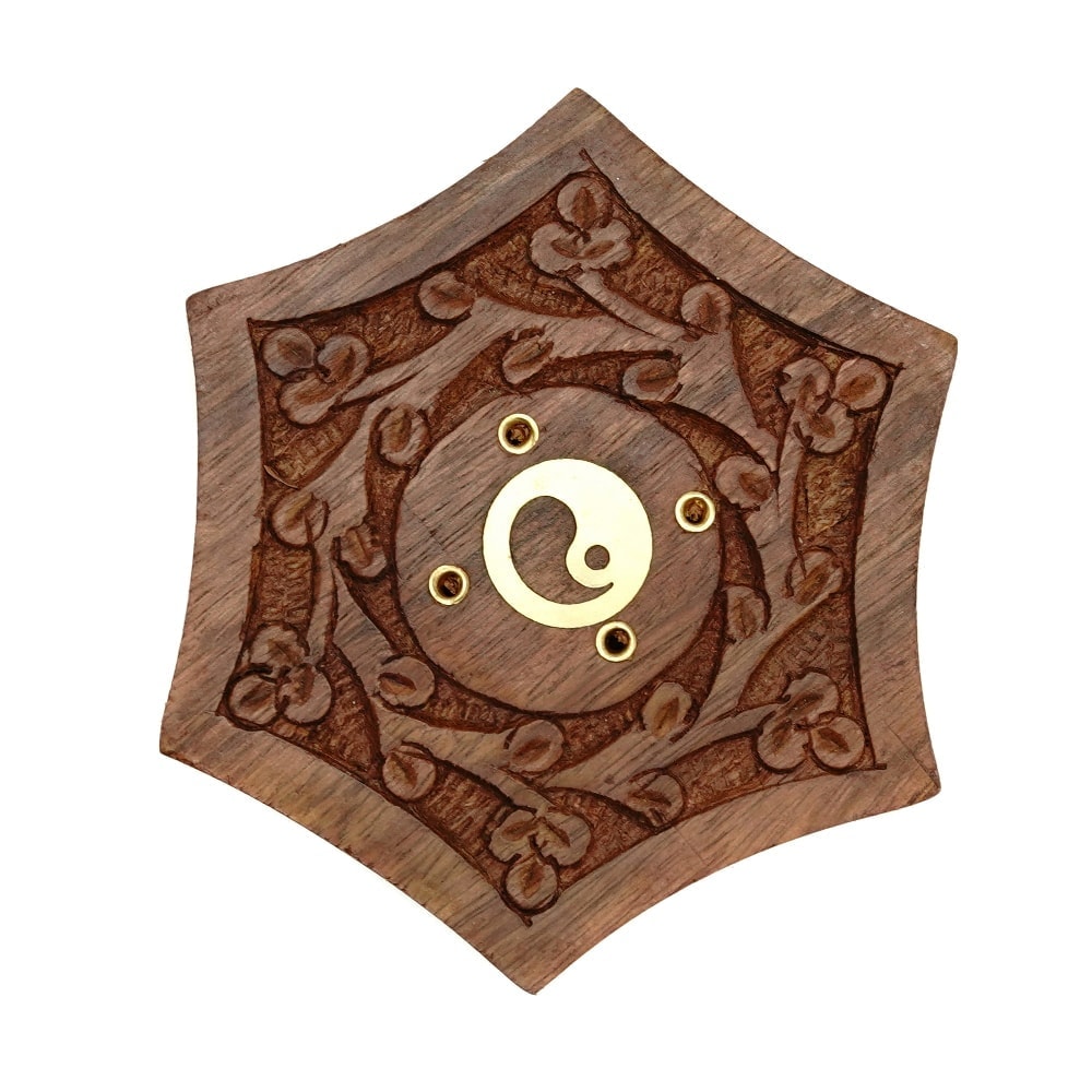 Suport lemn ardere betisoare parfumate hexagon cu yin yang - 10cm