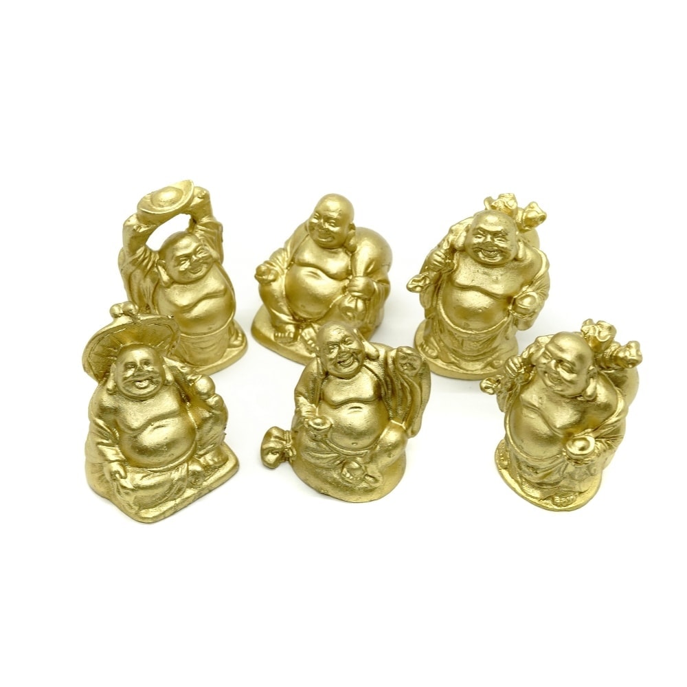 Set 6 statuete feng shui buddha aurii pentru prosperitate cu pepita si sac de bani - 45cm