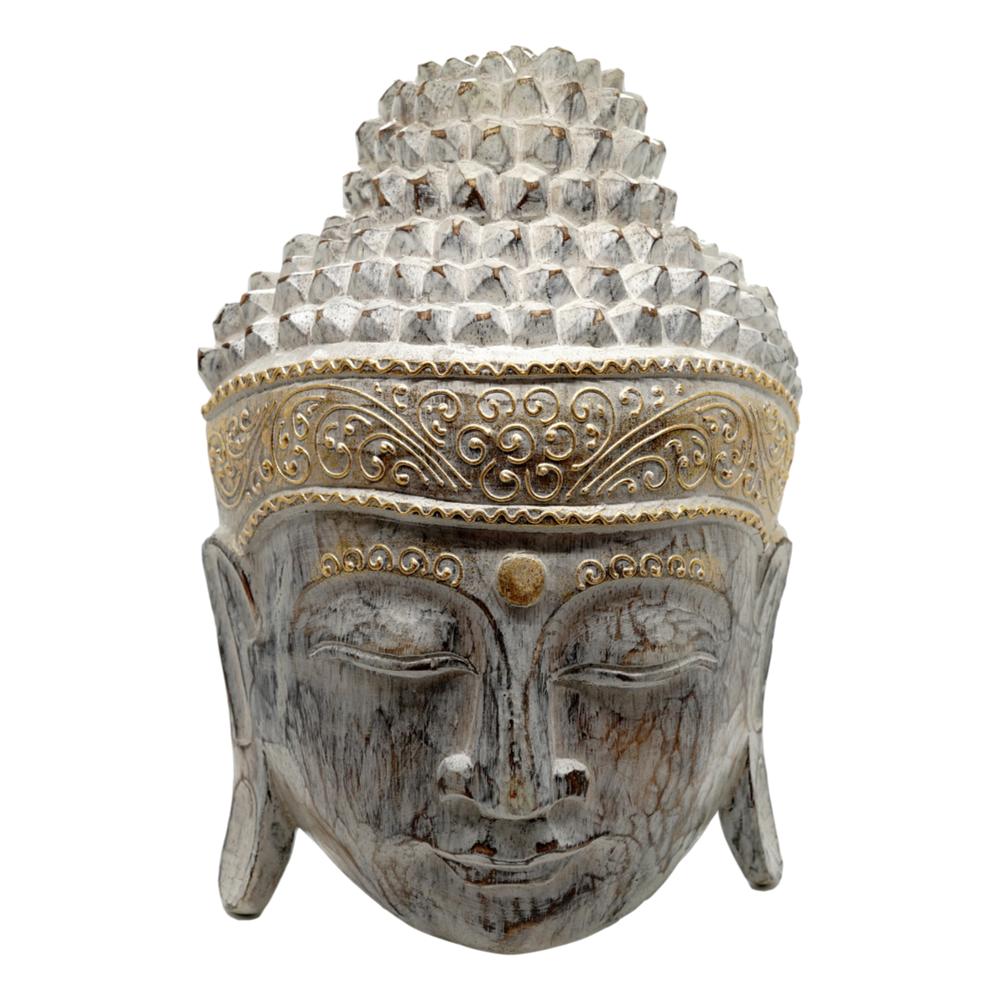 Statueta feng shui cap buddha din lemn pentru perete gri - 30cm