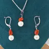 Set Cercei cu agatatoare si pandantiv Coral natural si Perle de cultura cu argint 925, imagine 3