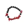 Bratara Obsidian negru sfere 8mm si Coral rosu freeform 6-15mm cu elemente argintii pe elastic