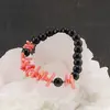 Bratara Obsidian negru sfere 8mm si Coral roz freeform 6-15mm cu elemente argintii pe elastic, imagine 4