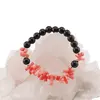 Bratara Obsidian negru sfere 8mm si Coral roz freeform 6-15mm cu elemente aurii pe elastic, imagine 3