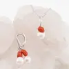 Set Cercei cu agatatoare si pandantiv Coral natural si Perle de cultura cu argint 925, imagine 2