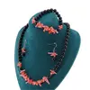 Set colier, cercei si bratara Obsidian negru sfere 8mm si Coral roz freeform 6-15mm cu elemente argintii, imagine 3