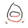 Set colier, cercei si bratara Obsidian negru sfere 8mm si Coral roz freeform 6-15mm cu elemente argintii