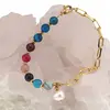 Bratara mix Agate sfere si Perla de cultura cu bumbi aurii, 6-8mm, imagine 3