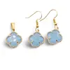 Set Cercei cu agatatoare si Pandantiv Agat bleu trifoi cu montura aurie, 18mm