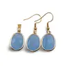 Set Cercei cu agatatoare si Pandantiv Agat bleu oval cu montura aurie, 20mm