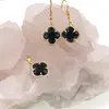 Set Cercei cu agatatoare si Pandantiv Obsidian trifoi cu montura aurie, 18mm, imagine 2