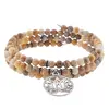 Bratara tripla ajustabila cu cristale naturale Agat crazy lace sfere 4mm cu charm floare de lotus argintiu, imagine 2