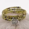 Bratara tripla ajustabila cu cristale naturale Jad olive sfere 4mm cu charm floare de lotus argintiu, imagine 3