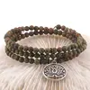 Bratara tripla ajustabila cu cristale naturale Unakit sfere 4mm cu charm floare de lotus argintiu, imagine 3
