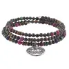 Bratara tripla ajustabila cu pietre semipretioase Ochi de tigru colorat mix sfere 4mm cu charm floare de lotus argintiu, imagine 2