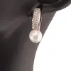 Cercei din cupru placat cu aur roz 18k cu perla si trei randuri de zirconii, 21mm, imagine 3