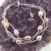 Bratara Perle de cultura pe trei randuri roz, crem si albe, 6-8mm, imagine 2