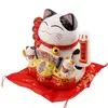 Pisica norocoasa Maneki Neko din ceramica pe perna cu doi pui si felinare chinezesti - 19cm, imagine 2