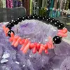 Bratara Obsidian negru sfere 8mm si Coral roz freeform 6-15mm cu elemente argintii pe elastic, imagine 2
