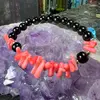 Bratara Obsidian negru sfere 8mm si Coral roz freeform 6-15mm cu elemente argintii pe elastic, imagine 6