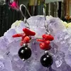 Cercei cu agatatoare Obsidian negru sfera 8mm si Coral rosu freeform, imagine 2