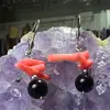 Cercei cu agatatoare Obsidian negru sfera 8mm si Coral roz freeform cu elemente aurii, imagine 2