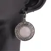 Cercei cu agatatoare Cuart roz in montura argintie - model rotund cu gravura linii, 25mm, imagine 3