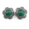 Cercei cu clipsuri Malachit in montura argintie - model floare, 28mm